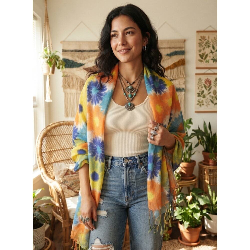 Vintage Floral Large Shawl Scarf Wrap Vibrant Sheer Bohemian Accessories Womens
